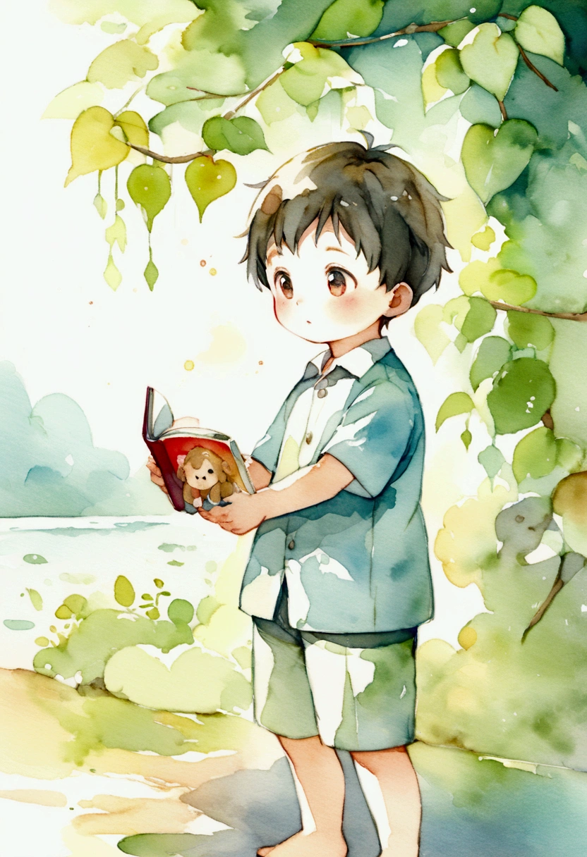 A boy about 4 years old playing with a monkey　Picture books　Watercolor
