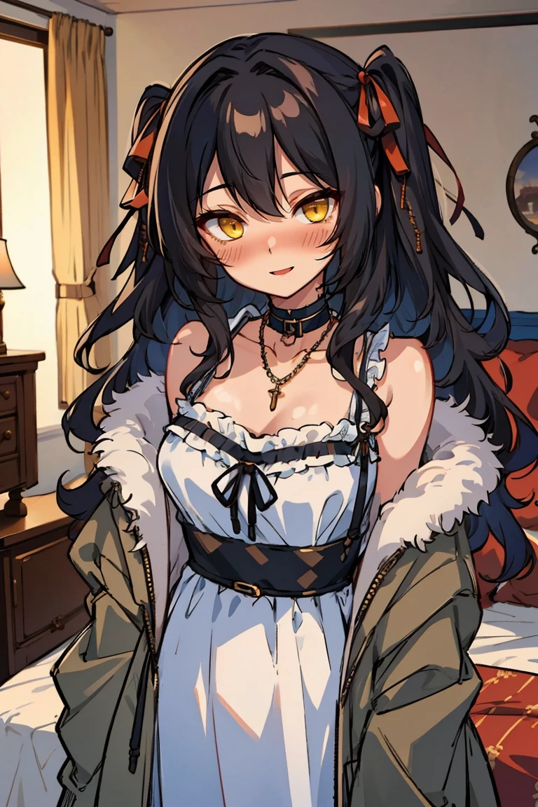 (masterpiece:1.2), (high quality:1.2), hui xiyi, rekkyo sensen, rekkyou sensen, solo focus, girls with((black hair, bare shoulders, (long wavy hair, one side up, hair ribbon:1.4), hand up, waving, palm, breasts,choker, cleavage,coat,collar,collarbone,cowboy shot, dress, frills, fur, fur collar, fur trim, hood down, hooded jacket, hoodie, jacket, large breasts, long hair, long sleeves, belt, suspenders, medium breasts, medium hair, necklace, open clothes, open hoodie, sleeveless, solo, winter clothes, zipper, upper body)), background with ((bedroom, room:2.0))