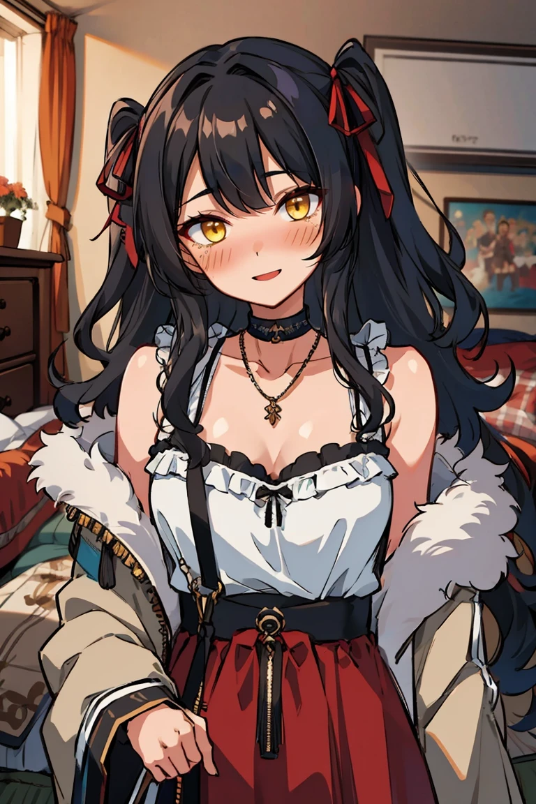 (masterpiece:1.2), (high quality:1.2), hui xiyi, rekkyo sensen, rekkyou sensen, solo focus, girls with((black hair, bare shoulders, (long wavy hair, one side up, hair ribbon:1.4), hand up, waving, palm, breasts,choker, cleavage,coat,collar,collarbone,cowboy shot, dress, frills, fur, fur collar, fur trim, hood down, hooded jacket, hoodie, jacket, large breasts, long hair, long sleeves, belt, suspenders, medium breasts, medium hair, necklace, open clothes, open hoodie, sleeveless, solo, winter clothes, zipper, upper body)), background with ((bedroom, room:2.0))