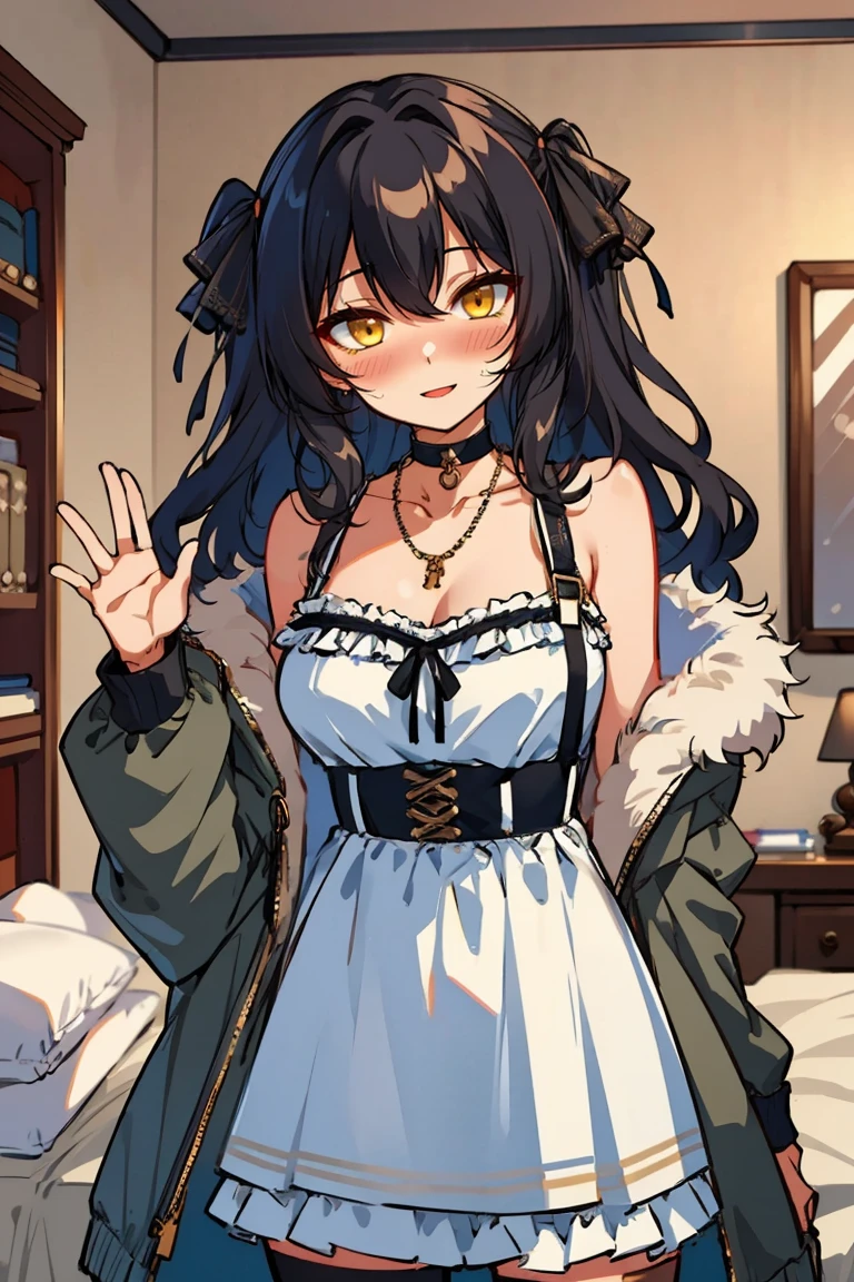 (masterpiece:1.2), (high quality:1.2), (hui xiyi:0.7), rekkyo sensen, rekkyou sensen, girls with((1girl, solo, black hair, yellow eyes, (wavy medium hair, hairclips:1.3), blush, breasts, choker, cleavage, coat, cowboy shot, white lace dress, ribbon waist belt, collar, collarbone, rosary, rosary choker, cross, fur, fur trim, parka, khaki hoodie, green hoodie, hood down, hooded coat, hooded jacket, hoodie, jacket, large breasts, long sleeves, medium breasts, open clothes, open coat,open hoodie, sleeveless, winter clothes, zipper, cleavage, upper body, hand up, waving, palm)), background with((bedroom, room:2.0))