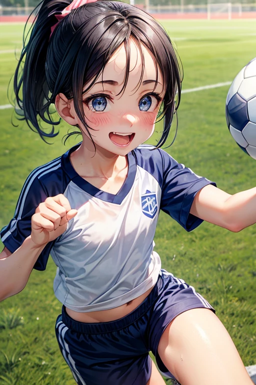 1 high school girl,hair_Navy Blue,short hair,ponytail,Blue Eyes,Blue sportswear,Mouth wide open,A very happy smile,Happy look,Cheerful expression,Sweat on the forehead,School grounds,grass,Soccer Wear,Shorts,blush,Kicking a soccer ball,Small ,,cute,,flat chest