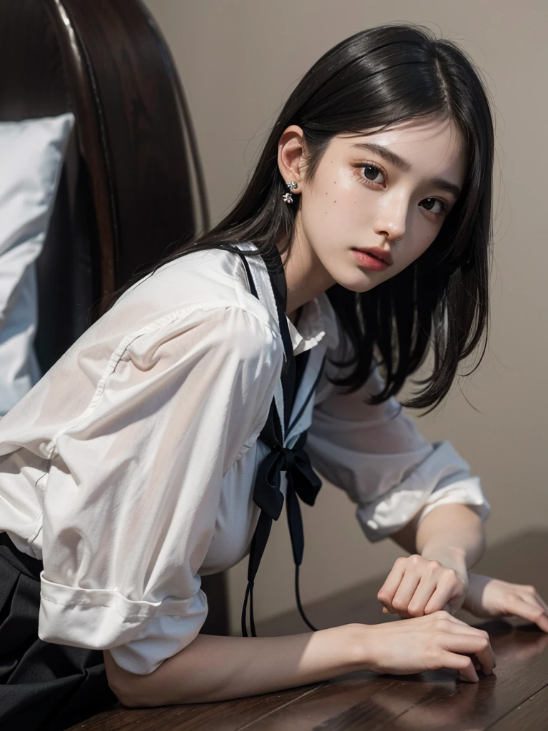 (masterpiece、Very detailed、8k、Highest quality:1.5)、((wonderful))、14-year-old idol high school girl、Short hair with bangs、White shirt、Panties in full view、