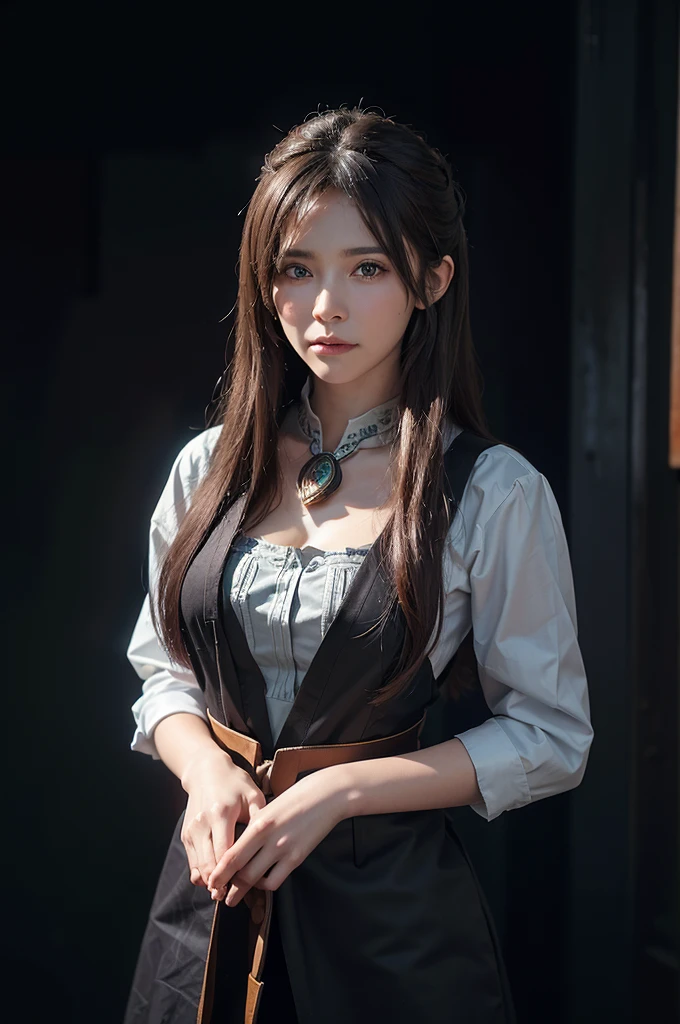 Hyperrealist Female Portrait by David Hockney and Alphonse Mucha,Fantasy art, Photo Real, Dynamic Lighting, Art Station, Poster, Volumetric lighting, Highly detailed face, 4k yen, Awards,, One girl, In the Dark, Deep Shadow, Modest,Cowboy Shot,(Official attire:1.4) ,Long Hair,Gray Hair,
