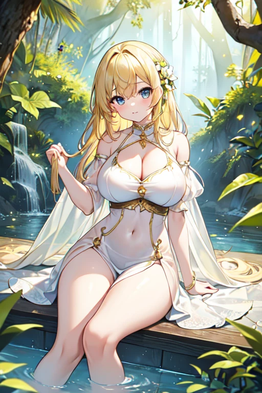 (Masterpiece), (Best Quality), (Super Detail), (Best Anatomy), Light yellow Hair, See-Through Dress, huge Breasts, Cleavage, Off Shoulder, Under Bust, Thighs, Navel,, Floating on Forest Spring Water
