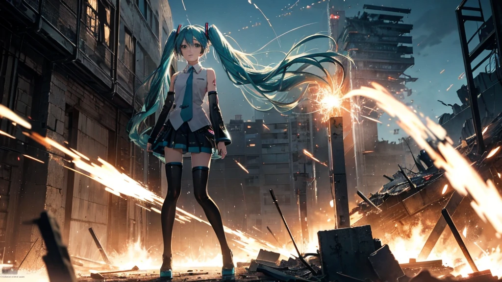 Hatsune Miku Stands Up、With falling sparks on the background of a ruined city、Heavy metal style cover image。