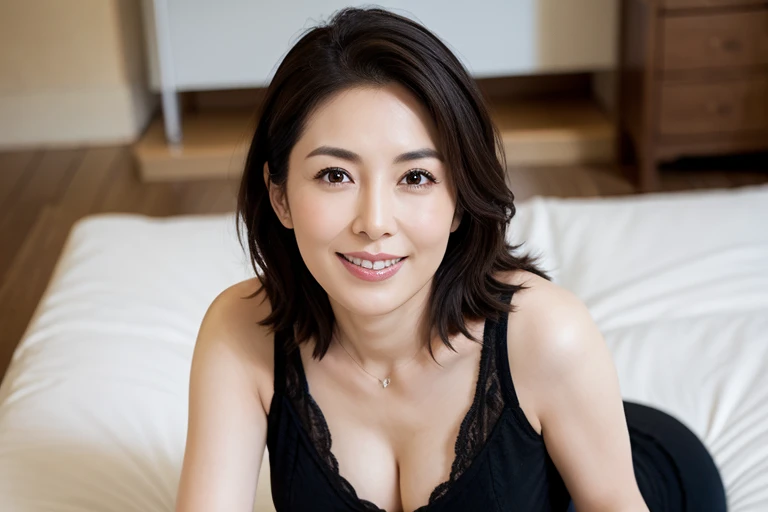 ,8K, Highest quality, masterpiece, Realistic, Real, Very detailed, Natural light, Shapely large , I can see the valley, Japanese female 1 person, 45 years old, Black Hair, Short Hair, Straight Hair, （Looking up from below）Sexy Unwear, 顔と肌がVery detailed, 目がVery detailed, Bright smile, A big smile, indoor, Natural Makeup, On all fours、