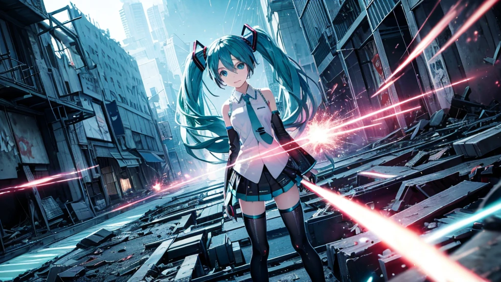 Hatsune Miku Stands Up、With falling sparks on the background of a ruined city、Heavy metal style cover image。