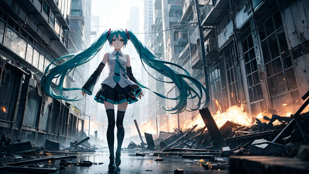 Hatsune Miku Stands Up、With falling sparks on the background of a ruined city、Heavy metal style cover image。