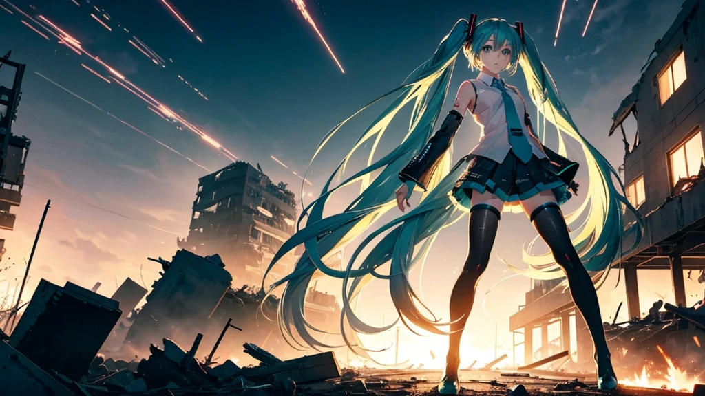 Hatsune Miku Stands Up、With falling sparks on the background of a ruined city、Heavy metal style cover image。