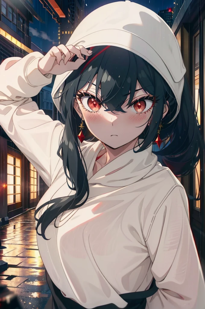 Yorbraia, Yor Briar, Black Hair, (Red eyes:1.5), Earrings, Baseball hats, Long Hair, Side Lock, (Medium chest:1.2),blush,Oversized black hoodie,Long skirt,short boots,There is a roof and I am walking,rain,night,cloudy,whole bodyがイラストに入るように,
break indoors,Alley,
break looking at viewer, whole body,
break (masterpiece:1.2), Highest quality, High resolution, unity 8k wallpaper, (figure:0.8), (Beautiful attention to detail:1.6), Highly detailed face, Perfect lighting, Highly detailed CG, (Perfect hands, Perfect Anatomy),