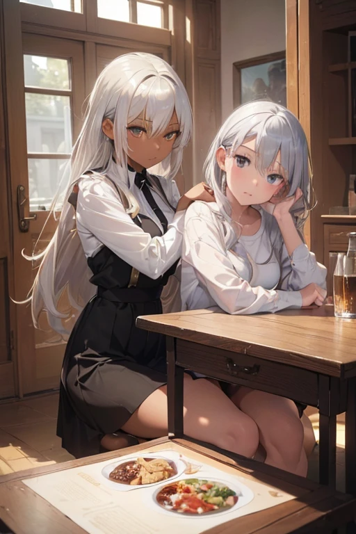 NSFW、(Anatomically correct、Masterpiece、Highest quality、Tabletop、Detailed construction)、(((Two beautiful girls, one with silver hair and the other with blonde hair and dark skin.)))、White shirt、I&#39;m not wearing anything underneath、(((Lesbian、Touching each other's crotches)))、(((Sweat)))、(((Soaking wet)))、(((body fluid)))、(((Body odor、Sweat染み)))、(((pussy)))、(((Love juice、Squirting)))、(((Put your finger in the vagina)))、((Pubic hair)),(((blush)))、(((sports warehouse、humid、On the gym mat)))、(((Covered in drool)))