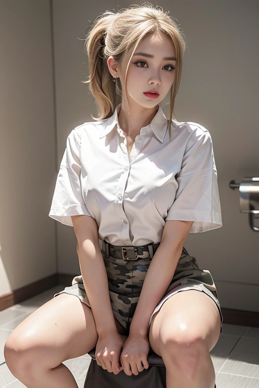 Highest quality, 16K high resolution, super detailed, masterpiece, Capture directly, reality:1.4, surreal:1.4, Sharp focus, very delicate and beautiful, small detail, 1 female, (Asia:1.2), (Blonde), (spread) your leg:1.3), (no underwear:1.3), (NSFW:1.1), (crotch position while peeing in the toilet), (supper beautifull), (Nice face:1.5), (Hair tied in 2 ponytails, wear socks), (detailed face), (beautiful and beautiful eyes), Perfect round eyes, (detailed lips), Lipstick, (eye liner), mascara, eye shadow, (white pencil skirt camouflage military uniform,), White shirt, tie, At NSFW, big breasts, pink nipples, The girl inserted her hand into her vagina, crotch position while peeing in the toilet