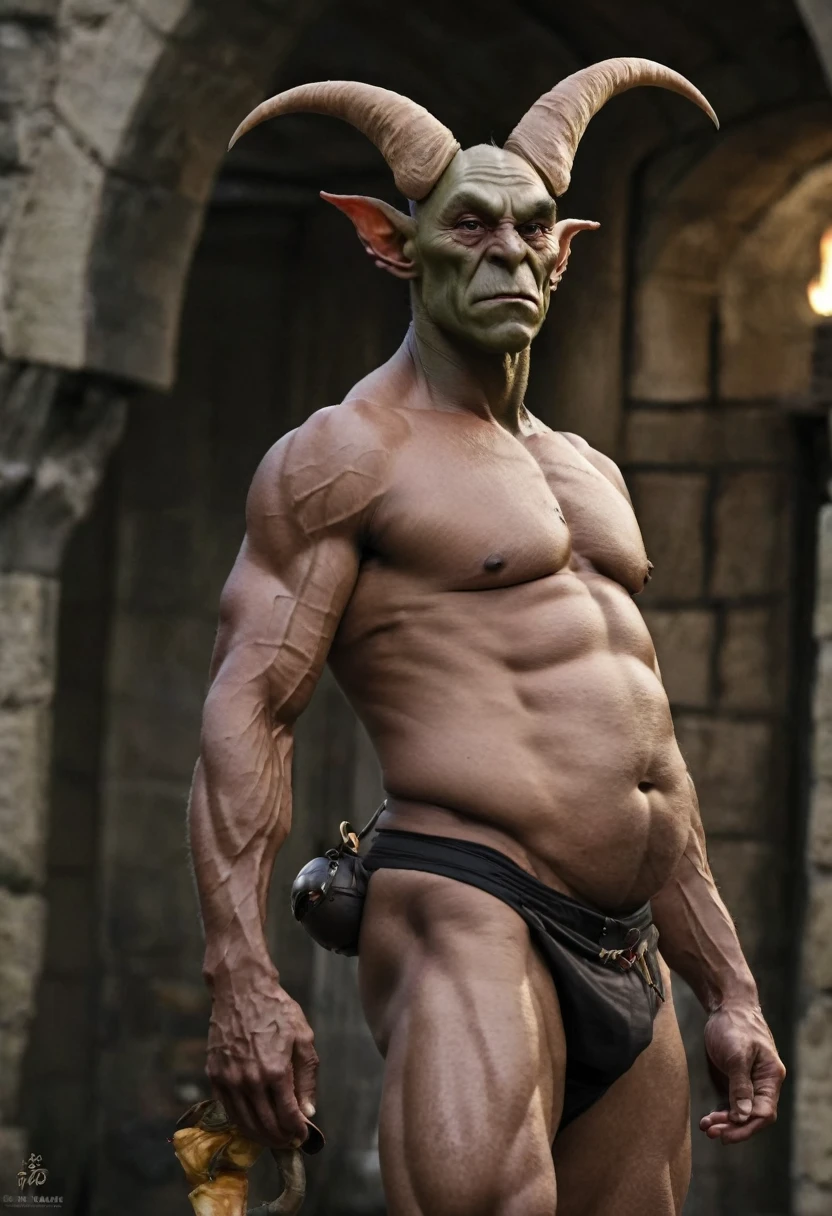 goblin,powerfull, prominent belly, bulged belly, swollen belly, muscular, tall, pointed ears