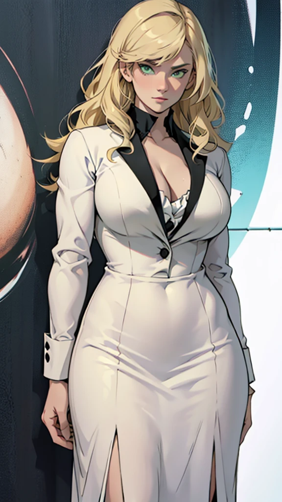 High detailed, 1 woman, solo, green eyes, pale Blondie hair, curly fringe, big buson, chunky, round hips, formal Black tuxedo, bold expression, looking to theme viewer