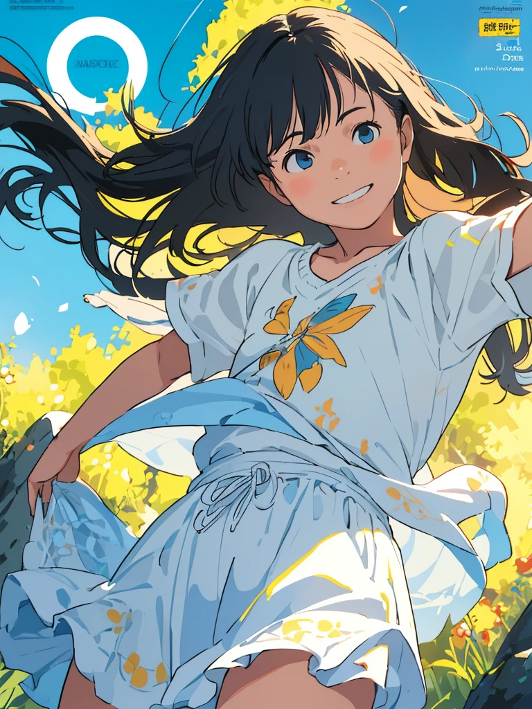 reasonable design, Clear lines, High Sharpness, (highest quality,8K,Perfect sharpness,Ultra fine,High resolution,masterpiece:1.2), Perfect Anatomy:1.5, Official Art, Illustrations that tell a story, (Whitish background:0. 9)、Body Positivity、More Mr.Physical expression、(Random and mischievous poses)、Perfect beauty、Perfect beautiful face、Strong winds、A rich expression、Dynamic composition、smile、Golden ratio composition、colorful、(Mr.Different angles and perspectives)、anime art、mini skirt、(Overcoming stereotypes)、 Glowing Skin、(Natural beauty)、smile、bangs、Straight Hair、(Soft and flowing hair)、(Rural Scenery)、(Nostalgic atmosphere)、Insert up to the thighs、(Playful and carefree)、(More Mr.Ethnic characters)、(innocent attitude)、(Sunny atmosphere)、Skirt flipped up、(Bright colors)、Belly button exposed、Beautiful Eyes、A skirt fluttering in the wind、Put it in to your feet、Some composition patterns、sensuous、Geometric pattern、emotional、Symposium cover、Angle from below、