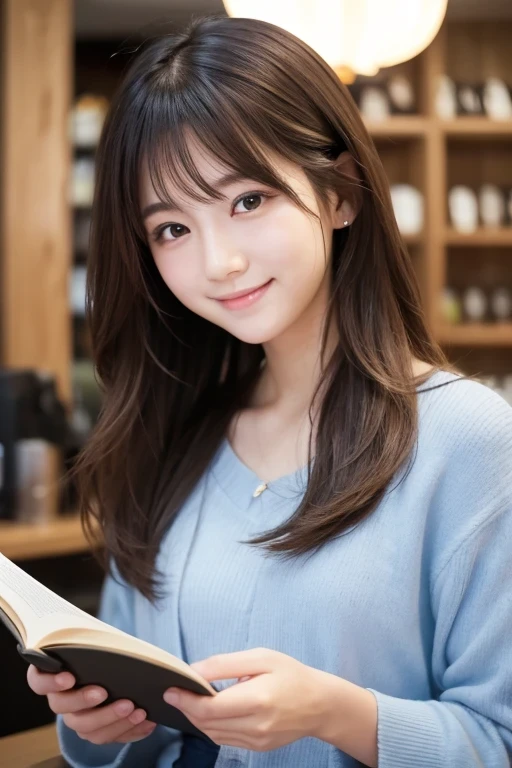 Produce the highest quality and highest resolution 8K images。Please draw the upper body of a 20 year old Japanese woman.。Please draw an image of someone reading a book in a stylish coffee shop.。She has brown eyes and a model-like figure、She has an idol-level cute face.。The hair is wavy。she、I'm smiling at the camera。
