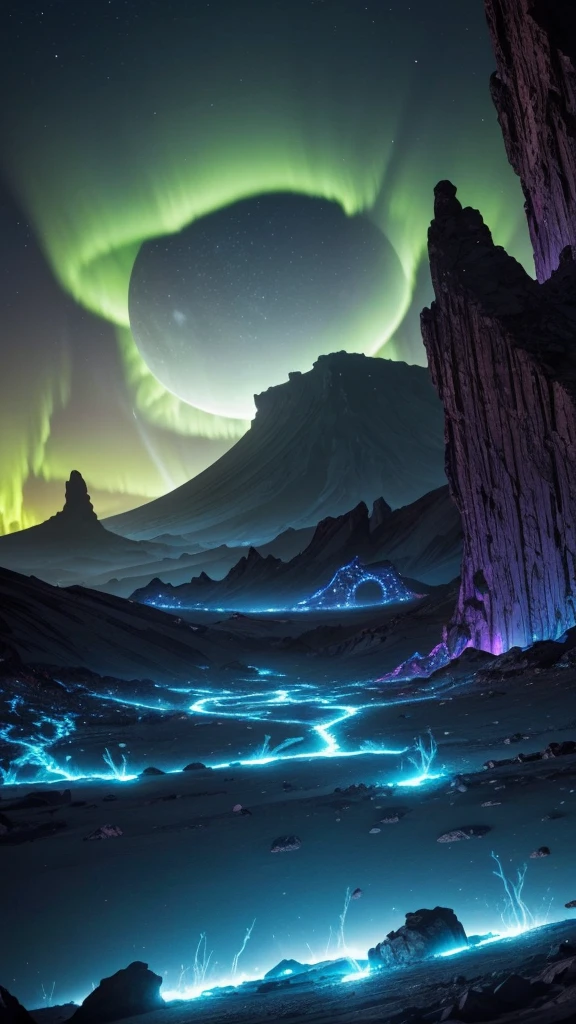 Here's a detailed image prompt for a sci-fi scene set on another planet with a unique background and futuristic weapons:

**Image Prompt:**

**Setting:** 
- A vast, alien landscape on the planet **Zyphora**.
- The sky is a deep, swirling purple with streaks of electric blue auroras.
- Two moons, one large and one small, are visible, casting a dual shadow on the ground.
- Towering crystal formations that emit a soft, ethereal glow dominate the horizon.
- In the distance, a colossal, dormant volcano with flowing, bioluminescent lava streams.

**Foreground:**
- A team of explorers in advanced, sleek exosuits with transparent visors showing determined faces.
- Each explorer is equipped with unique, futuristic weapons:
  - **Plasma Arc Blade:** A sword with a blade made of pure plasma, glowing bright blue.
  - **Quantum Pulse Rifle:** A rifle with a sleek design, emitting a soft hum and glowing lines along its barrel, indicating energy levels.
  - **Electro-Magnetic Gauntlet:** A gauntlet capable of generating powerful electromagnetic fields, used for both offense and defense.
  - **Nano-Drone Swarm:** Small, spherical drones orbiting one of the explorers, ready to be deployed for reconnaissance or combat.

**Midground:**
- Alien flora, with bioluminescent plants that emit a variety of colors, providing a vibrant contrast to the dark terrain.
- Strange, floating rock formations defying gravity, slowly orbiting around invisible points.
- A shimmering, translucent shield dome protecting an alien settlement, with visible structures inside that have a mix of organic and technological designs.

**Background:**
- The massive volcano with bioluminescent lava flows cascading down its slopes.
- Crystal formations reaching toward the sky, reflecting the light from the moons and auroras.
- Faint outlines of more distant, alien structures hinting at an advanced civilization.

Would you like any additional elements or specific details included in this scene?