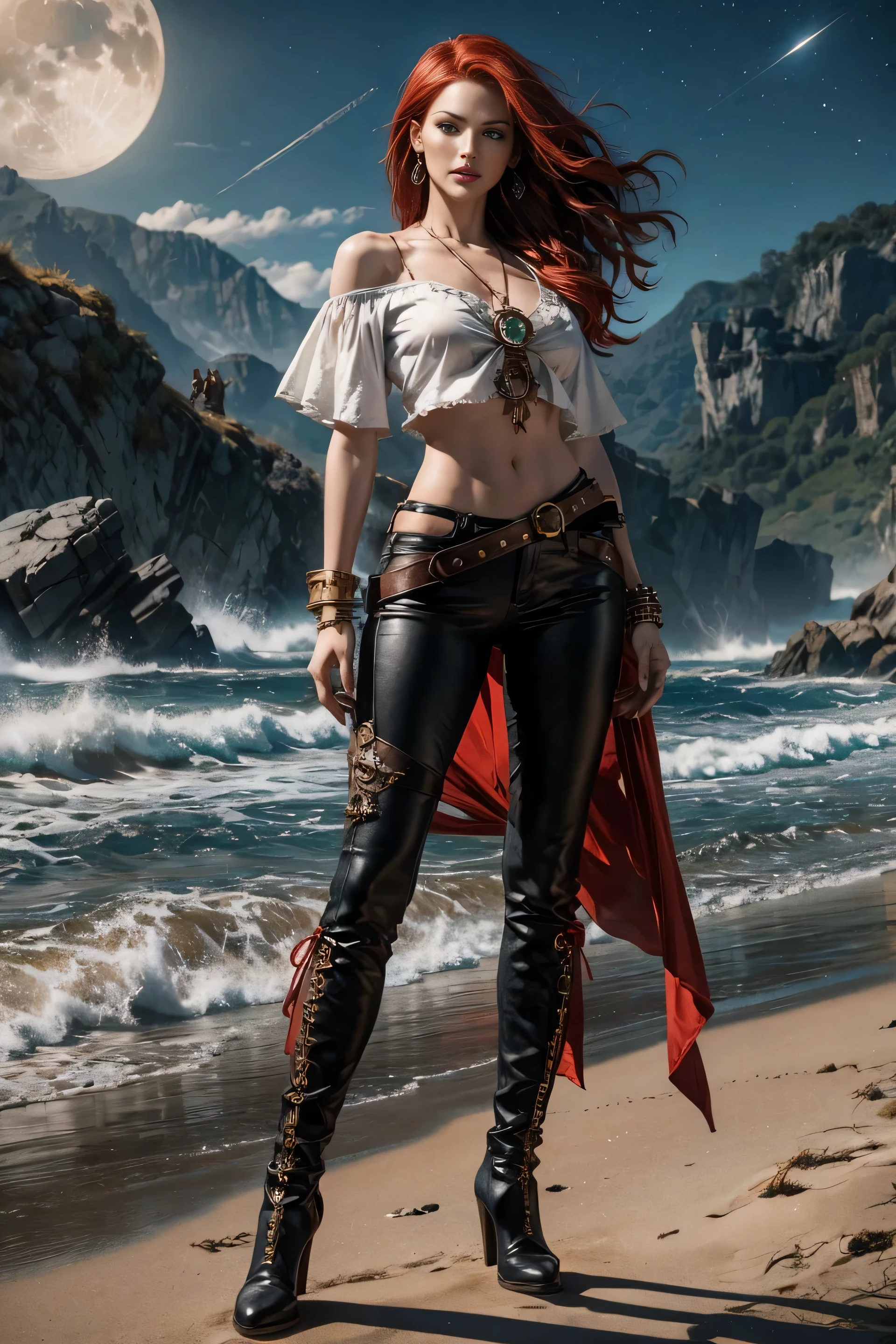 full body A woman with red hair and emerald eyes. She has an hourglass shape and poses dramatically. He wears a flowing white pirate shirt that sits low on his shoulders. His pants are leather and tight, with a seam on the side of the leg. He wears tall leather pirate boots. Her jewelry is gypsy style. he stands on the beach in the moonlight, fog, smoke, a dramatic scene