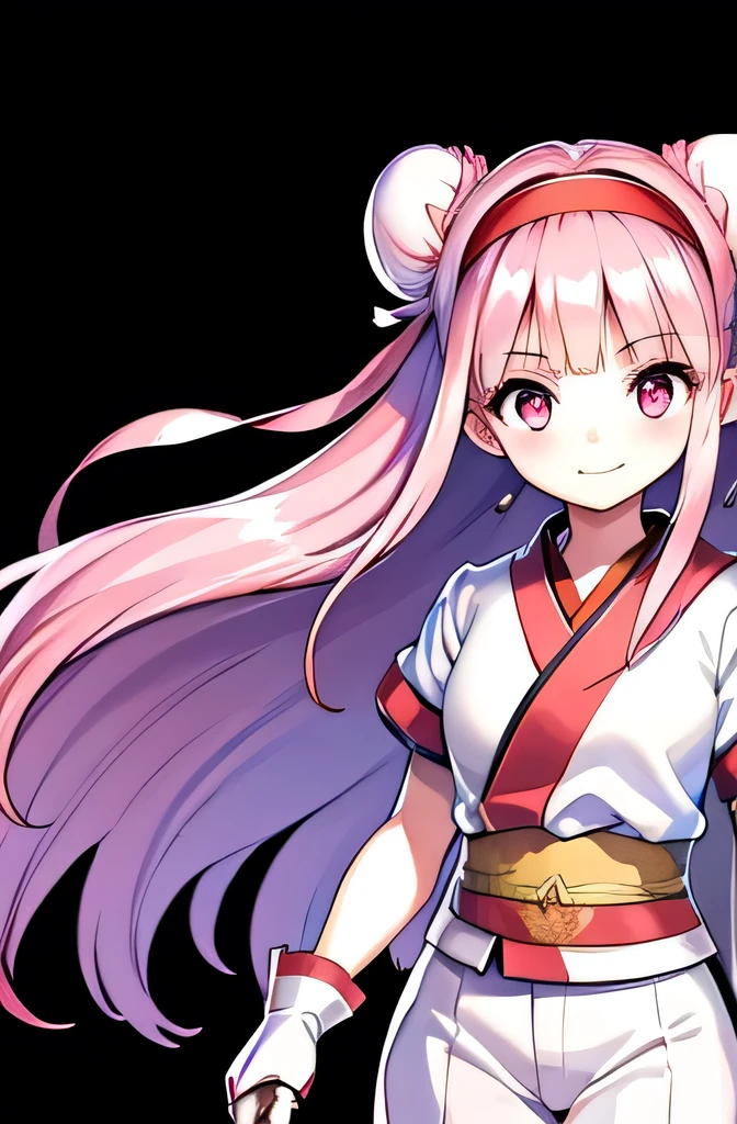 masterpiece, (((Highest quality))),(((High resolution))),Perfect Face, Highest quality,Detailed depiction of the eyes,Confused, 1 Girl, 17 years old, Long Hair, Suits only,Detailed and beautiful eyes}, finely, Detailed and beautiful eyes,1 Girl, (alone:1.5), (Hair Ribbon:0.4), Pink Eyes,Cinematic Angles,perspective,(((White bun hair))),(((Long pink hair))),fingerless gloves, Short sleeve, gloves, pants, bangs, Red Hairband, arms, white pants, kimono, Decided, (forest),(river),smile,Perfect Anatomy,Kunimi Tama,