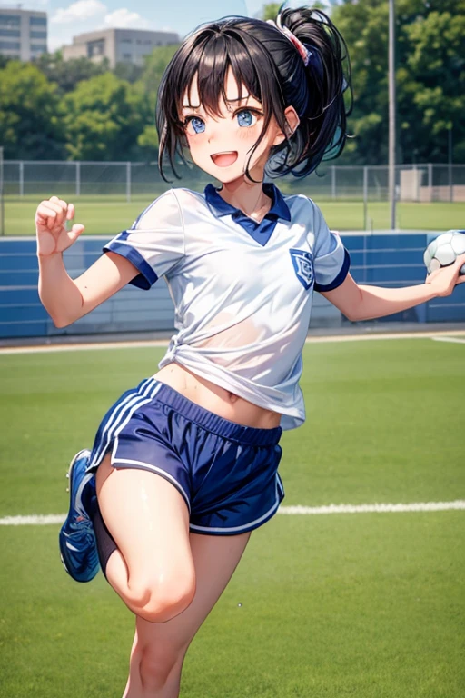 1 high school girl,hair_Navy Blue,short hair,ponytail,Blue Eyes,Blue sportswear,Mouth wide open,A very happy smile,Happy look,Cheerful expression,Sweat on the forehead,School grounds,grass,Soccer Wear,Shorts,blush,Kicking a soccer ball,Small ,,cute,,flat chest