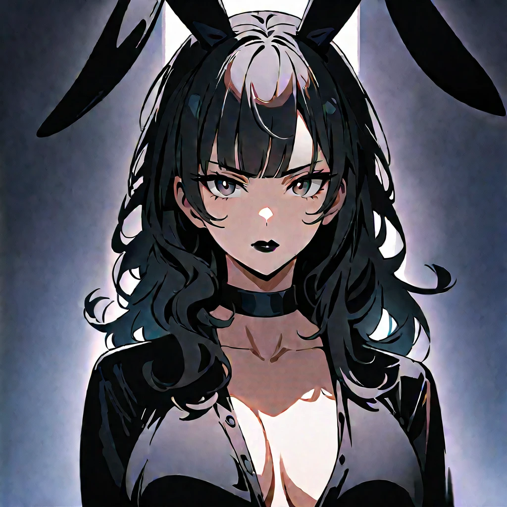 (high quality, 8k, 4K, high contrast, artwork:1.2, high quality, best aesthetics), (centered), ((1 woman)), erotic, sensual, mature body, super detailed, beautiful face detailed, beautiful eyes detailed, detailed beautiful mouth, perfect breats, (long wavy black hair), (black eyes), (serious expression), (piercing gaze), (looking at viewer), (black lipstick), (black casual clothes), (front view), (standing), (black rabbit ears), (close-up), (focus on face), (face framed)