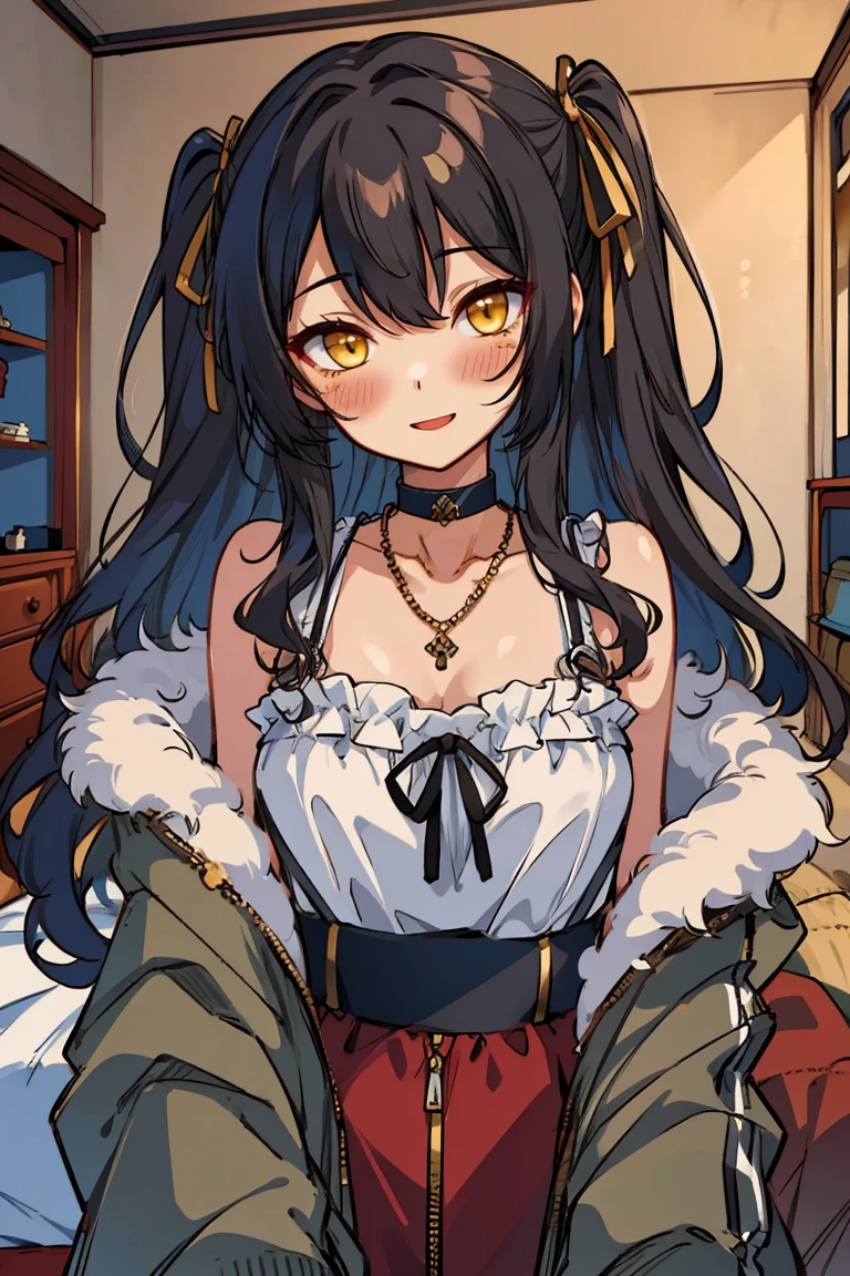 (masterpiece:1.2), (high quality:1.2), hui xiyi, rekkyo sensen, rekkyou sensen, solo focus, girls with((black hair, bare shoulders, (long wavy hair, one side up, hair ribbon:1.4), hand up, waving, palm, breasts,choker, cleavage,coat,collar,collarbone,cowboy shot, dress, frills, fur, fur collar, fur trim, hood down, hooded jacket, hoodie, jacket, large breasts, long hair, long sleeves, belt, suspenders, medium breasts, necklace, open clothes, open hoodie, sleeveless, solo, winter clothes, zipper, upper body)), background with ((bedroom, room:2.0))