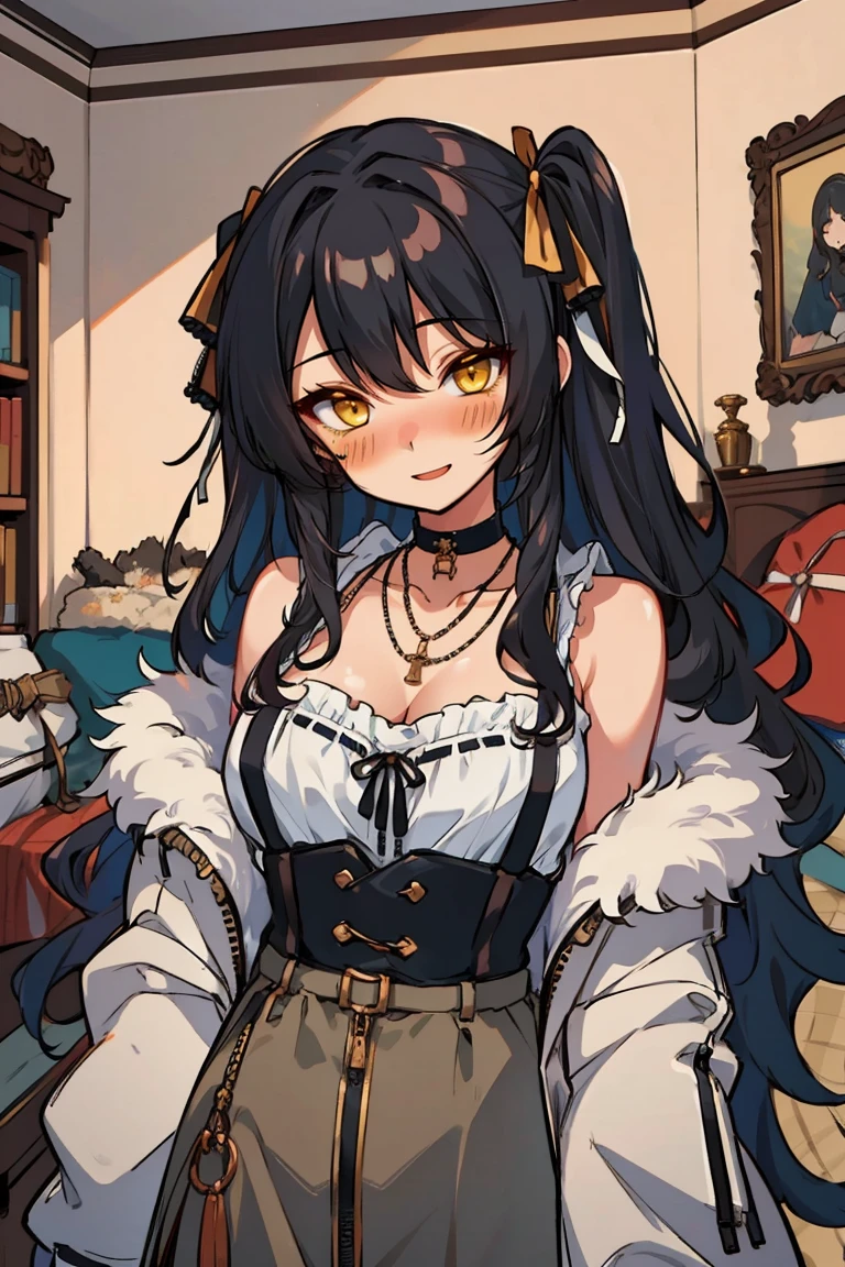 (masterpiece:1.2), (high quality:1.2), hui xiyi, rekkyo sensen, rekkyou sensen, solo focus, girls with((black hair, bare shoulders, (long wavy hair, one side up, hair ribbon:1.4), hand up, waving, palm, breasts,choker, cleavage,coat,collar,collarbone,cowboy shot, dress, frills, fur, fur collar, fur trim, hood down, hooded jacket, hoodie, jacket, large breasts, long hair, long sleeves, belt, suspenders, medium breasts, necklace, open clothes, open hoodie, sleeveless, solo, winter clothes, zipper, upper body)), background with ((bedroom, room:2.0))