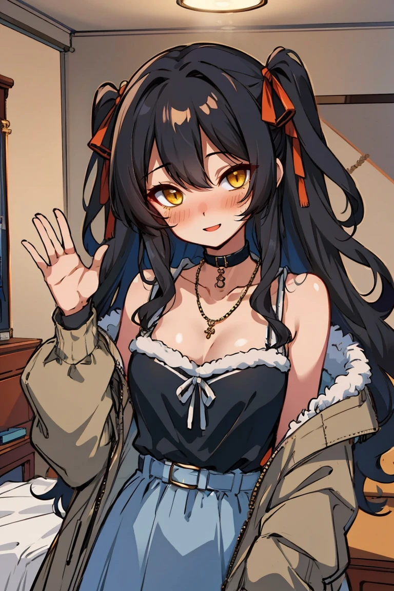 (masterpiece:1.2), (high quality:1.2), hui xiyi, rekkyo sensen, rekkyou sensen, solo focus, girls with((black hair, bare shoulders, (long wavy hair, one side up, hair ribbon:1.4), hand up, waving, palm, breasts,choker, cleavage,coat,collar,collarbone,cowboy shot, dress, frills, fur, fur collar, fur trim, hood down, hooded jacket, hoodie, jacket, large breasts, long hair, long sleeves, belt, suspenders, medium breasts, necklace, open clothes, open hoodie, sleeveless, solo, winter clothes, zipper, upper body)), background with ((bedroom, room:2.0))