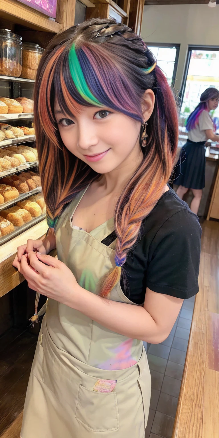 ((holding a large loaf of bread))、
12 year old girl、
Day本アイドル、

Cute Smile、
Lewd smile、　
Panting face、Pant voice、
Fluid organization:1.6), One beautiful girl with really wild hair, (Colorful wavy hair:1.2),( Two long braids:1.2), (Long wild hair:1.2), (Multicolored Hair: 1.9),Cute smile
Bakery Sales Staff、

Angle from directly below、
Low - Angle、スーパーLow - Angle、
apron、
blouse(See-through)、
はだけるblouse、
My shirt is open、
Open shirt、
hot pants、
ピンク色のhot pants、I can see a little underwear、Thighs、Butt、Beautiful buttocks、
I'm cleaning、
I'm wiping the floor.、Wipe the floor with a rag、
Bend over to clean、




clear、serious
Bakery Cafe、bread
Bakery clerk、Day本アイドル、

(masterpiece), (Highest quality:1.4), Absurd, [:Intricate details:0.2],  (View your viewers:1.2), Day,  reflection、
Reddish hair，Golden Student，enjoy，Moist，肉感Thighs，Slim figure，Moist, Glowing pink skin，transparent，Mature Woman，Affectionate expressions，情熱的に取り組んでいます

Day本アイドル