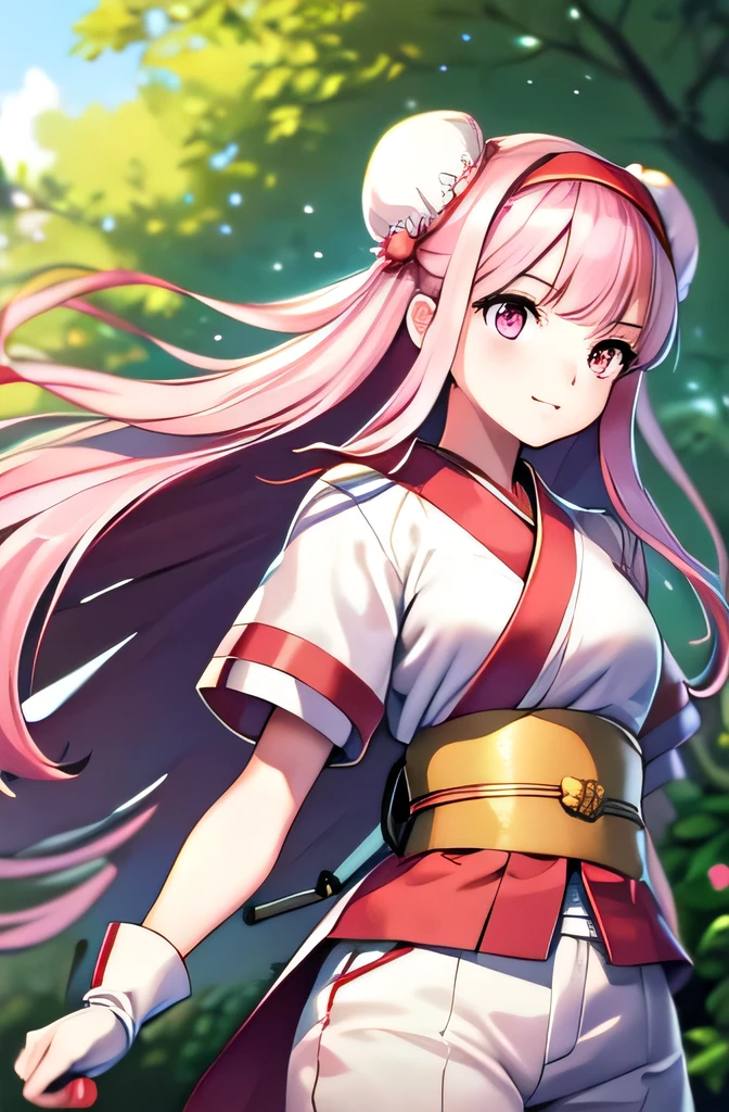 masterpiece, (((Highest quality))),(((High resolution))),Perfect Face, Highest quality,Detailed depiction of the eyes,Confused, 1 Girl, , Long Hair, Suits only,Detailed and beautiful eyes}, finely, Detailed and beautiful eyes,1 Girl, (alone:1.5), (Hair Ribbon:0.4), Pink Eyes,Cinematic Angles,perspective,(((White bun hair))),(((Long pink hair))),fingerless gloves, Short sleeve, gloves, pants, bangs, Red Hairband, arms, white pants, kimono, Decided, (forest),(river),smile,Perfect Anatomy,Kunimi Tama,