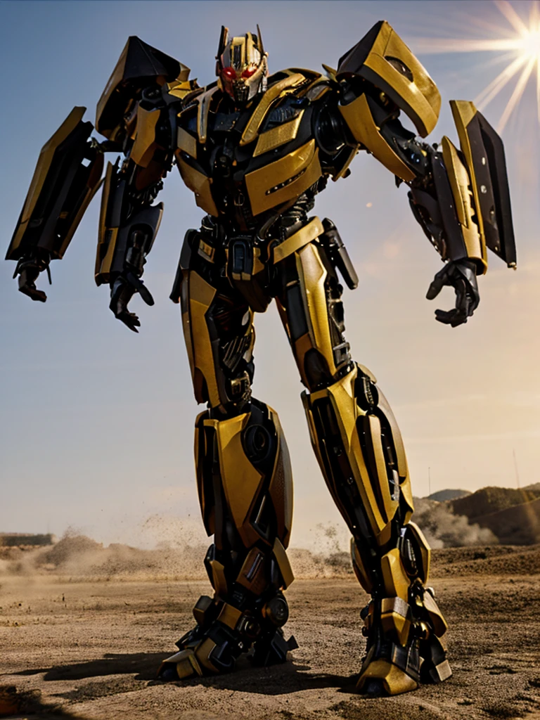 transformerslora, full body, robot, mecha, robot, mecha, science fiction, looking at viewer, professional photo, highly detailed, detailed textures, HDR, professional photo shoot, high-quality photo, realistic photo, realistic shadows, detailed shadows, realistic proportions, raw photo, intricate detail, lens flare, backlighting, black robot, red designs, red eyes, gold designs, white designs