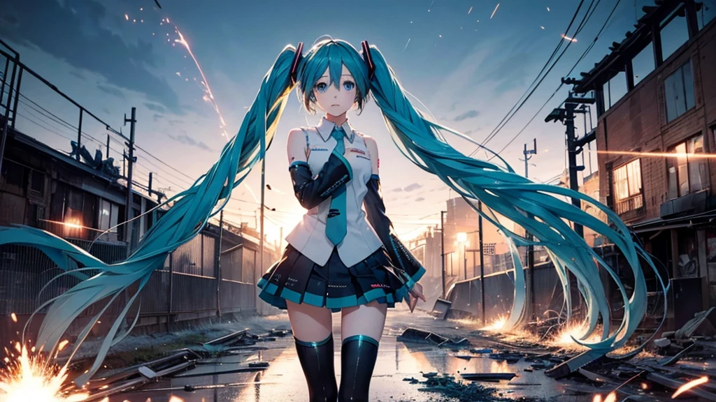 Hatsune Miku Stands Up、With falling sparks on the background of a ruined city、Heavy metal style cover image。