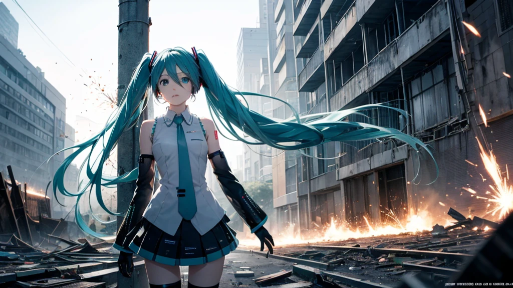 Hatsune Miku Stands Up、With falling sparks on the background of a ruined city、Heavy metal style cover image。