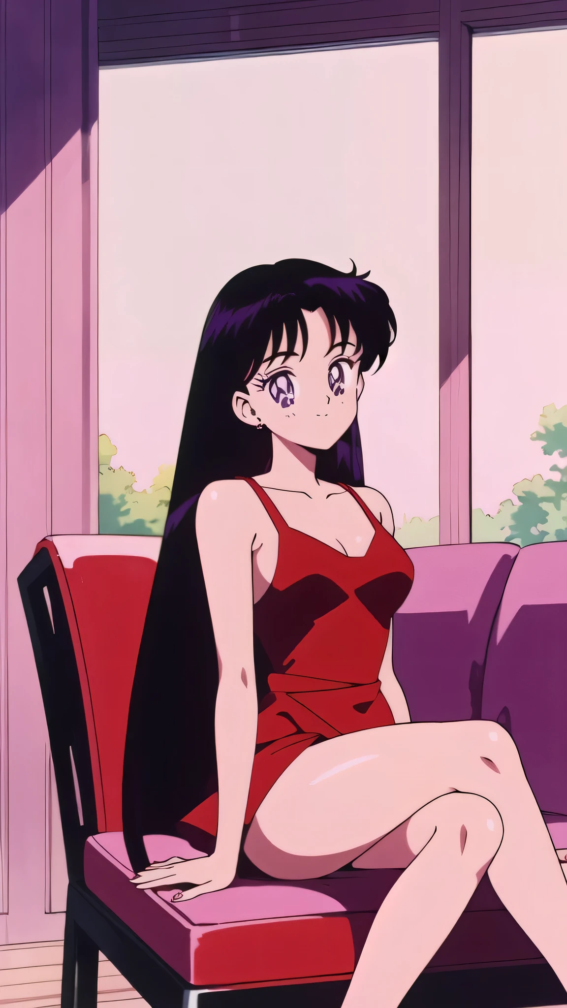 1990s \(style\), Best quality, masterpiece, ager, Rei Hino, Long black hair, purple eyes, Smile, Bare Neck, Bare Arms, Bare Shoulders, red dress, taut dress, spaghetti strap red dress, sleeveless, medium breast, sitting on a pink couch, blush, looking at viewer, indoor, in the center