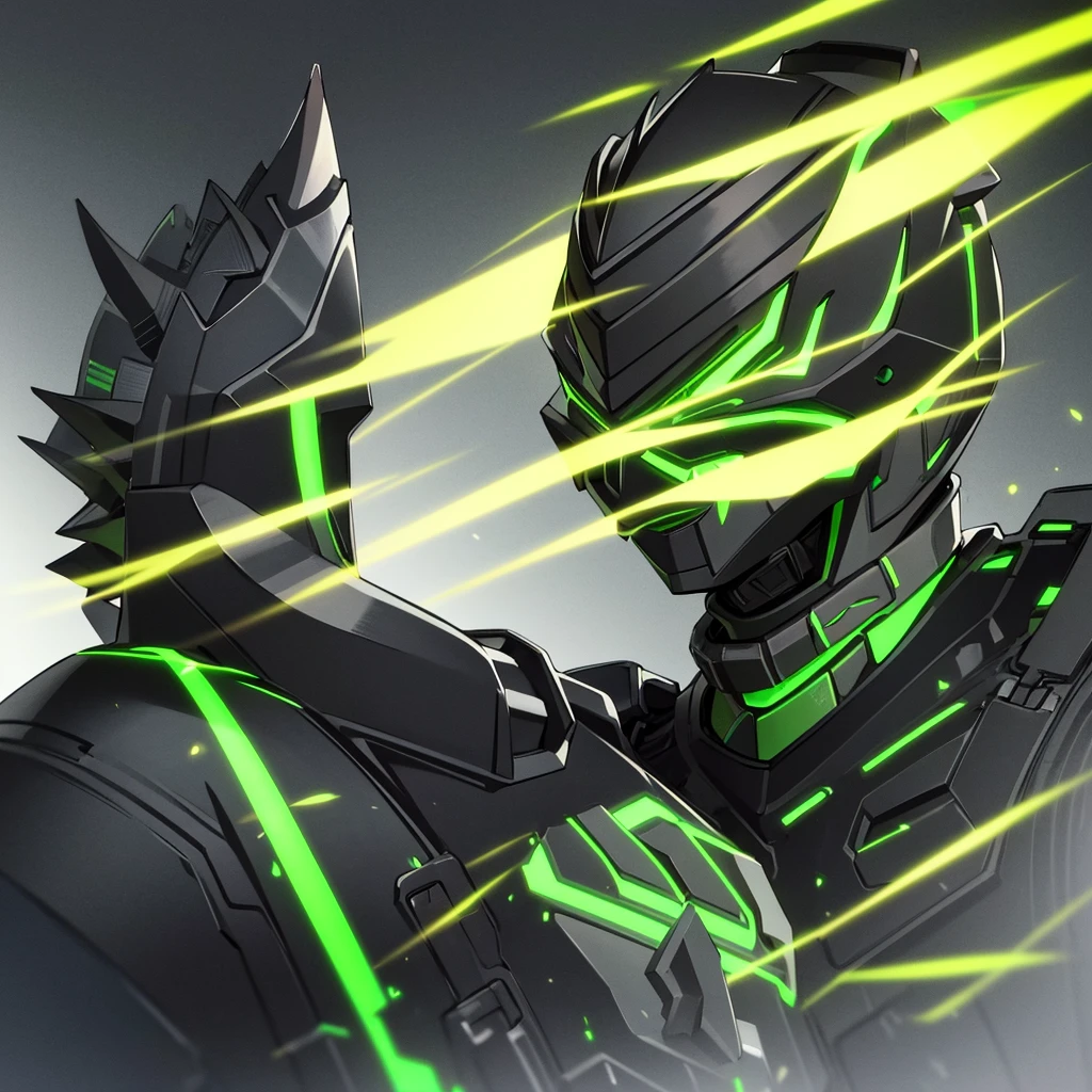 A hunter wearing black armor with bright fluorescent green details, and wears a gladiator helmet [far]