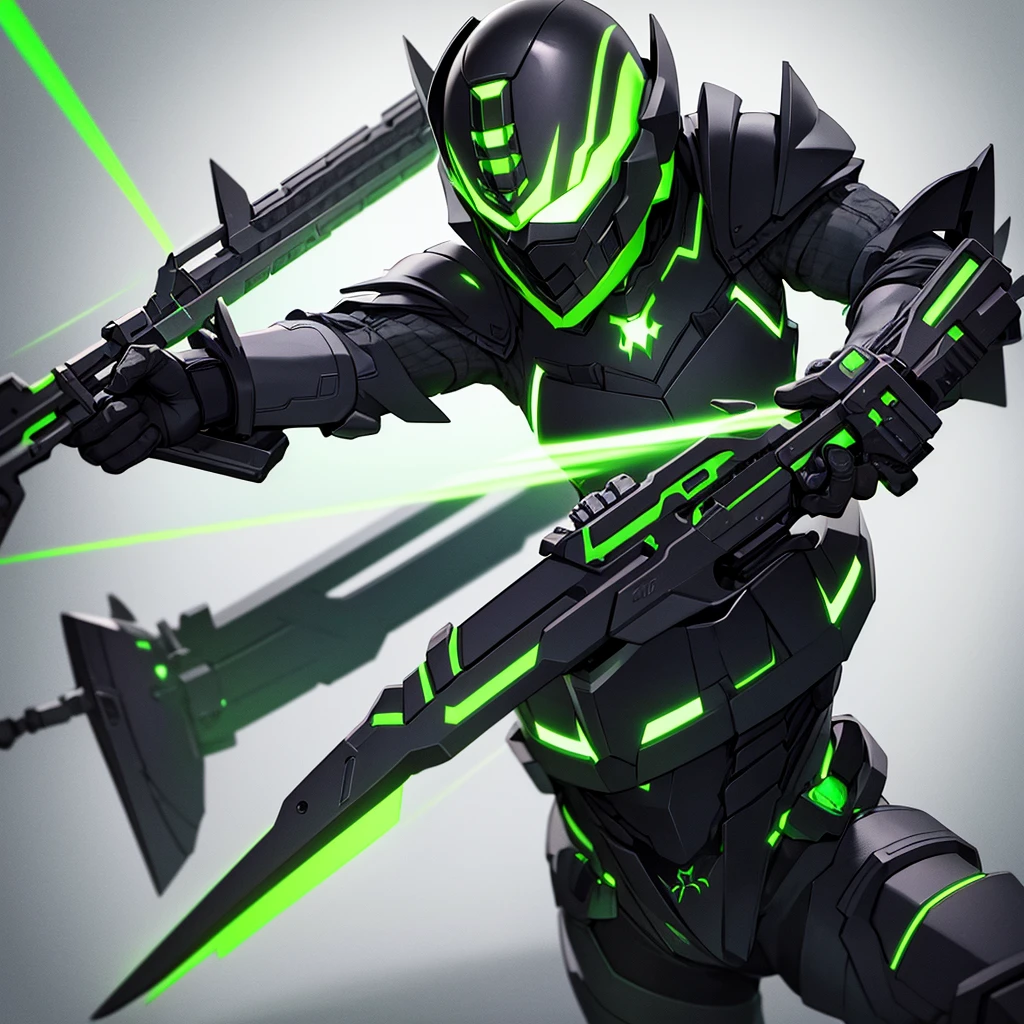 A hunter wearing black armor with bright fluorescent green details, and wears a gladiator helmet [far]
