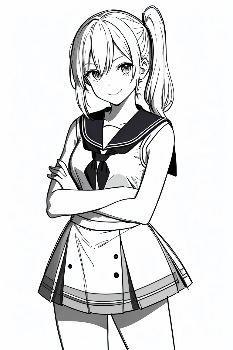 masterpiece,, One Girl, alone, short, White Background, Monochrome, Line art, ((sketch))、Look forward、Wear a sailor uniform、smile、Side ponytail with arms crossed、Winking