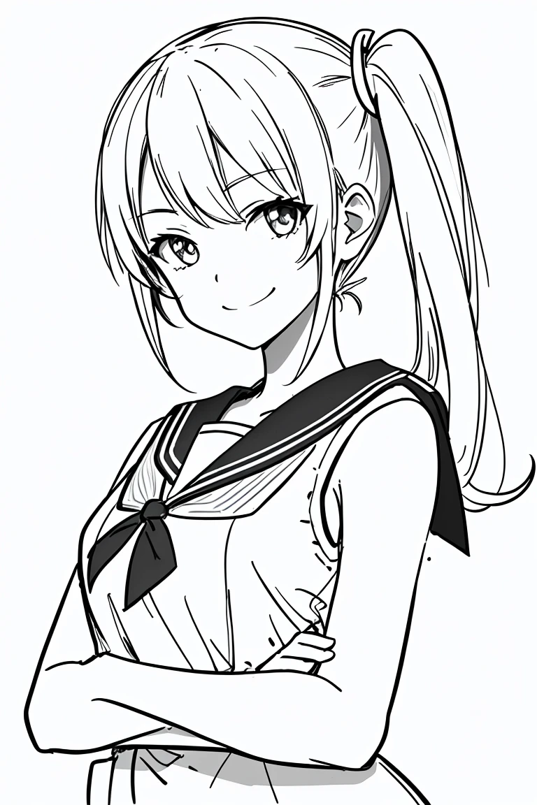 masterpiece,, One Girl, alone, short, White Background, Monochrome, Line art, ((sketch))、Look forward、Wear a sailor uniform、smile、Side ponytail with arms crossed、Winking