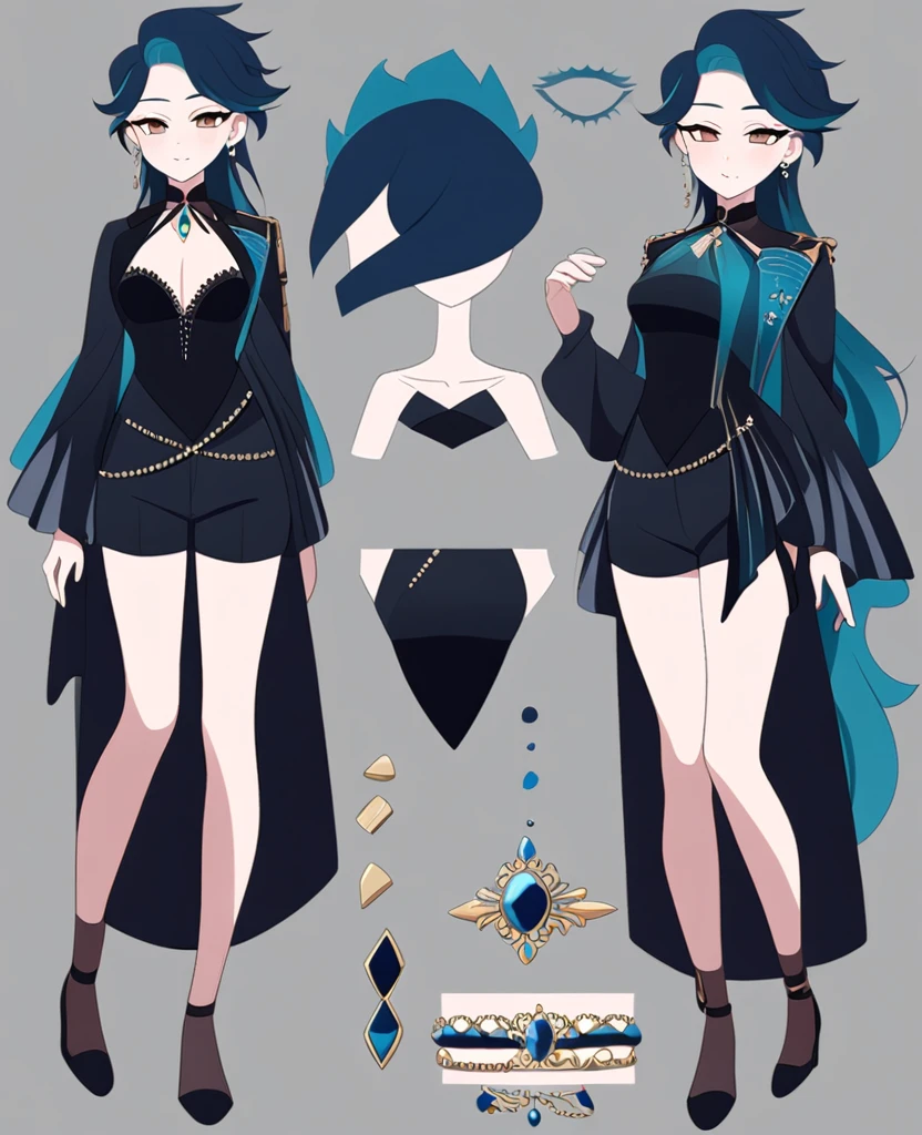 sketches of a woman in a blue dress and black coat, digital art on pixiv, trending on artstation pixiv, fashion concept art, anime concept art, concept artstyle, outfit design, clothing concept, ( ( character concept art ) ), full body concept, colored concept art, [ character design ], luminescent concept art, full body concept art