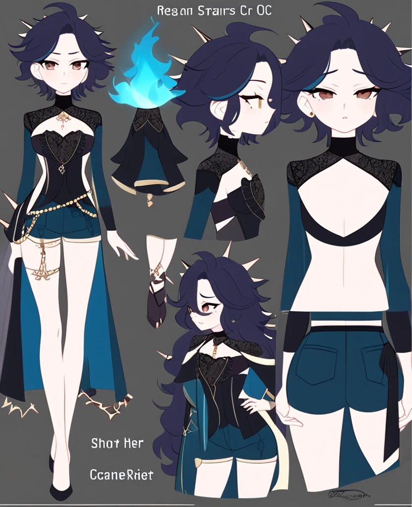 Make me an Ensemble Stars oc. Ensemble Stars art style. Give her short, messy, spikey teal hair, brown eyes. Dark yet formal outfit. Elegant, regal. Shorts. Female Social anxiety. Anxious. Reference sheet. Blue fire details. 34D cup chest.