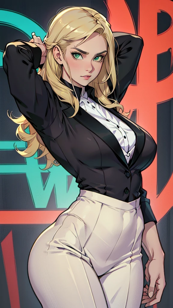 High detailed, 1 woman, solo, green eyes, pale Blondie hair, curly fringe, big buson, chunky, round hips, formal Black tuxedo, bold expression, looking to theme viewer