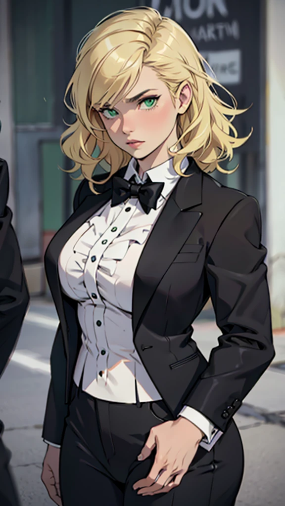 High detailed, 1 woman, solo, green eyes, pale Blondie hair, curly fringe, big buson, chunky, round hips, formal Black tuxedo, bold expression, looking to theme viewer