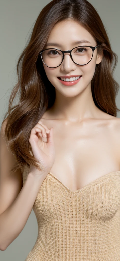 ((Masterpiece, Top image quality, high resolution、alone、skin shiny))(on the table, best quality, current, super detailed, meticulous, high resolution, 8k wallpaper), Close-up portrait of a beautiful woman, like, smiling, light brown messy hair, Perfect dynamic composition, Beautiful and meticulous eyes, Just like the cover of a fashion magazine, on campus,wearing gold glasses