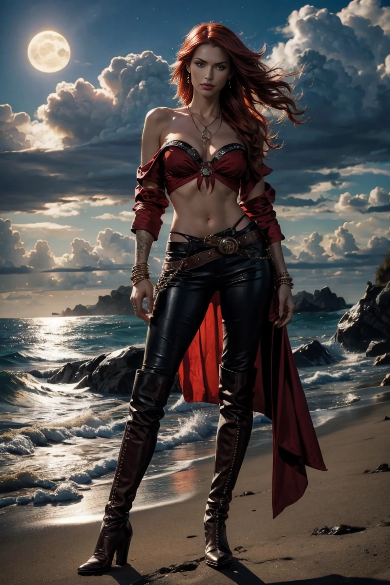 NSFW (((masterpiece+best quality+high resolution+ultra-detailed))), nude woman with wavy shoulder-length hair, Red Sonja, muscular, angular face, (red pubic hair), proud, leather boots, sword belt, sword, tropical beach background, blue sky, clouds, dynamic angle and posture.