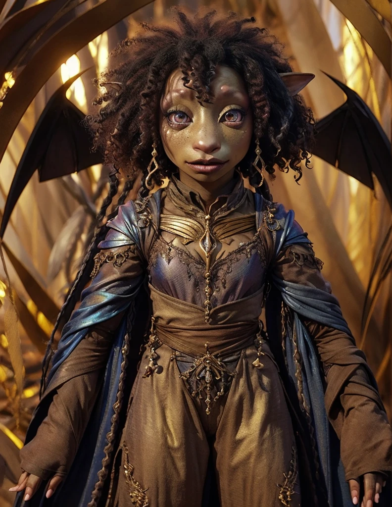 dousan, gelfling, wearing wraps, afro, half body, in a crystal desert, black and gold eyes, female, iridescent wings