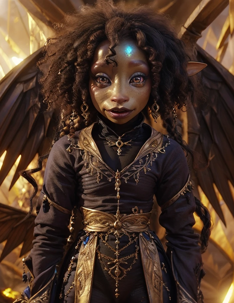 dousan, gelfling, wearing wraps, afro, half body, in a crystal desert, black and gold eyes, female, iridescent wings