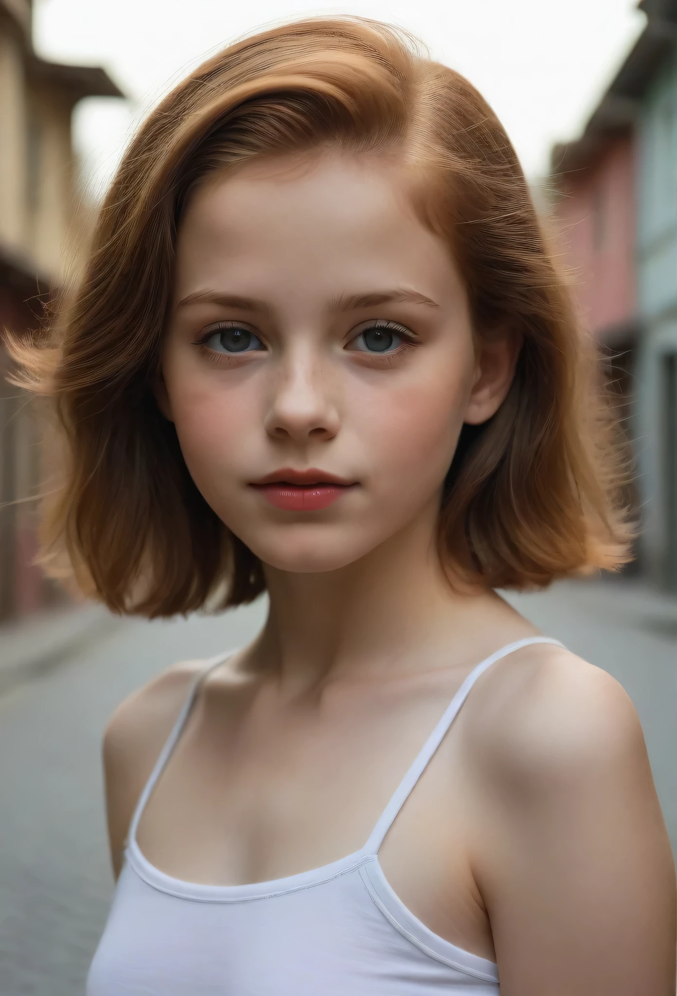 half-body shot, A very young  girl poses on a quiet street in a tourist town. The girl has extremely detailed eyes, beautiful lips, long eyelashes and perfect anatomy. Her fragile, thin body and hands are worked on to the smallest detail, with realistic, Highest quality, photorealistic rendering. The lighting is in the Rembrandt style, creating a unified, first work dinner. She has a European appearance, with a beautiful oval face, short red hair and very small breasts. The woman poses in retro style, looking like a high-quality work by photographer David Dubnitsky. Your pale skin shows pores and blemishes, and she is wearing a tight t-shirt and short shorts. half-body shot. The scene was filmed on a DSLR camera in 8K UHD resolution, with soft lighting and film grain.