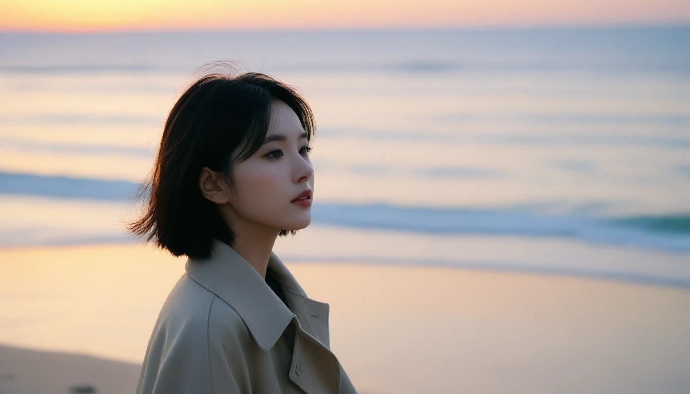 8K, Vivid picture quality, The picture quality is vivid, Realistic and perfect picture quality, long deserted beach, sunset 뷰어, short hair that touches the shoulders and covers the neck, sunset의 붉은 빛, sunset, alone, afternoon, depressed, tide가 밀려온다, ocean, tide, wind, short korean girl, Mokpola, trench coat, 잔잔한 tide
