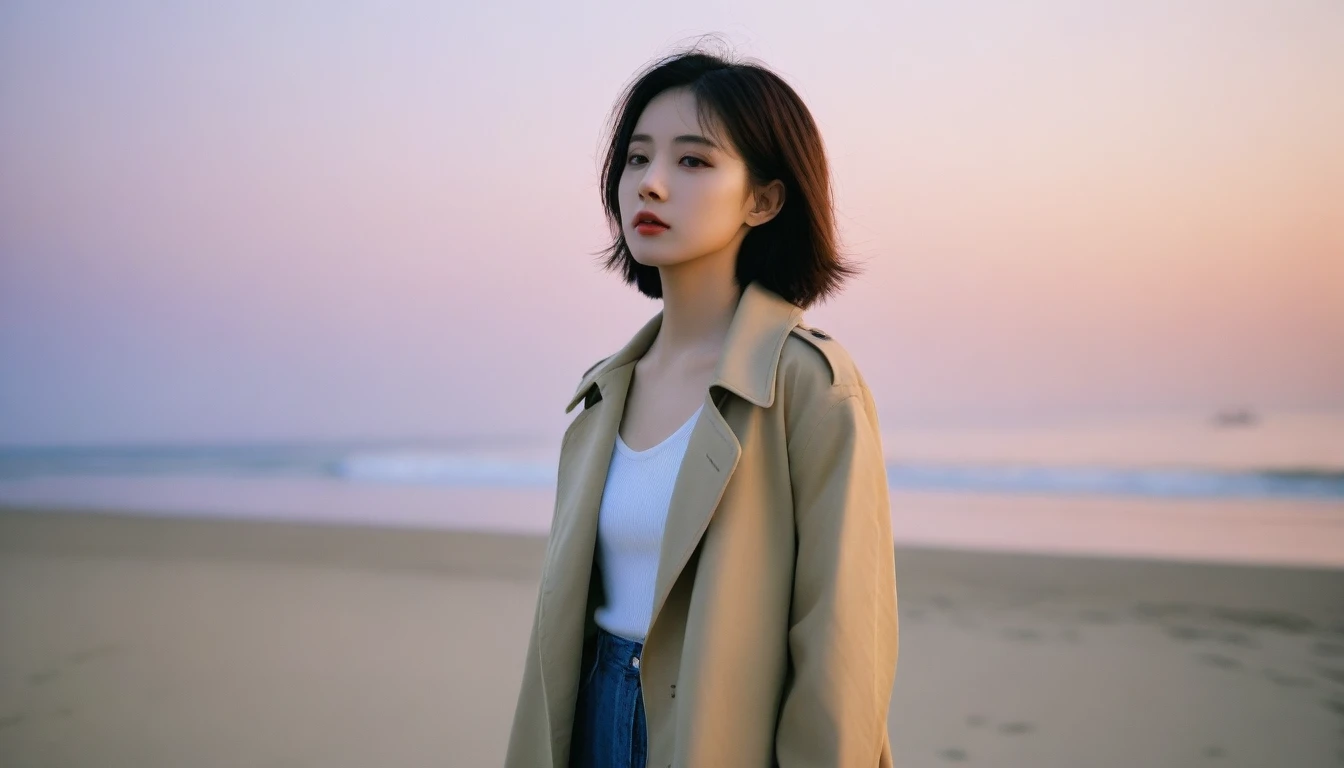 8K, Vivid picture quality, The picture quality is vivid, Realistic and perfect picture quality, long deserted beach, sunset 뷰어, short hair that touches the shoulders and covers the neck, sunset의 붉은 빛, sunset, alone, afternoon, depressed, tide가 밀려온다, ocean, tide, wind, short korean girl, Mokpola, trench coat, 잔잔한 tide