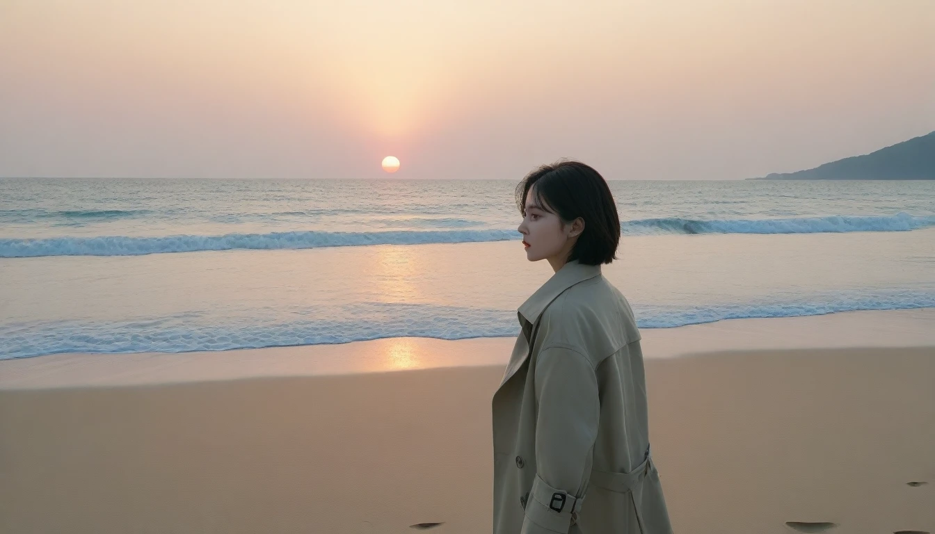 8K, Vivid picture quality, The picture quality is vivid, Realistic and perfect picture quality, long deserted beach, sunset 뷰어, short hair that touches the shoulders and covers the neck, sunset의 붉은 빛, sunset, alone, afternoon, depressed, tide가 밀려온다, ocean, tide, wind, short korean girl, Mokpola, trench coat, 잔잔한 tide